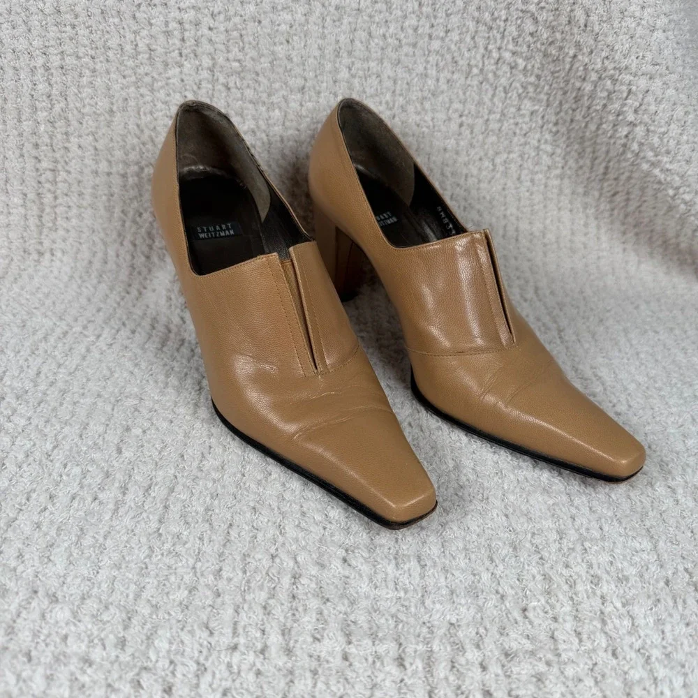 Stuart Weitzman Tan Leather Square‎ Toe Block Heel Pumps 6.5B Y2K Bootie Classic